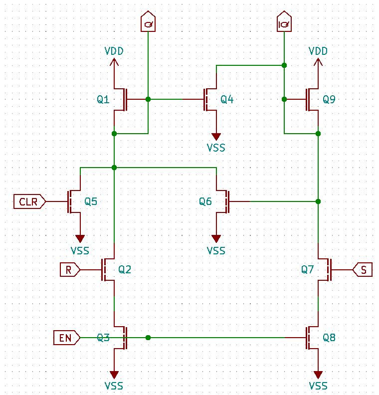 Schematic of the one half of the circuitry, showing a RS flip-flop