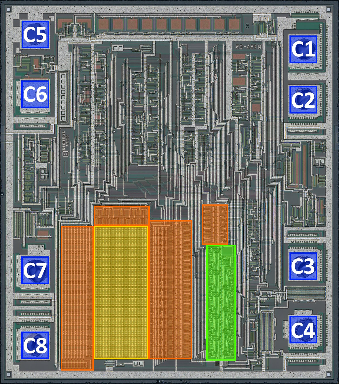 Die layout, showing pins and some of the blocks